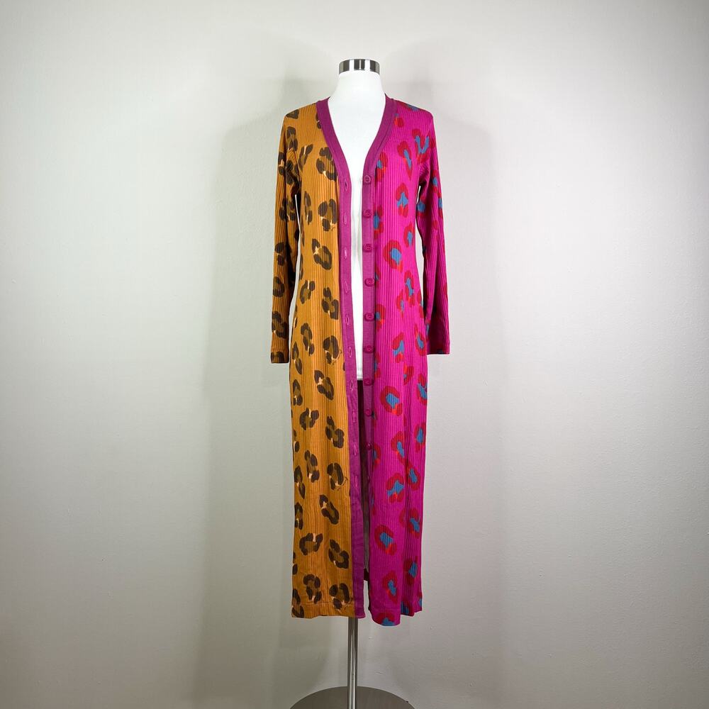 FARM Rio | Cheetah Leopard Print Contrast Pink Ribbed Duster Cardigan Sweater L - Picture 2 of 11